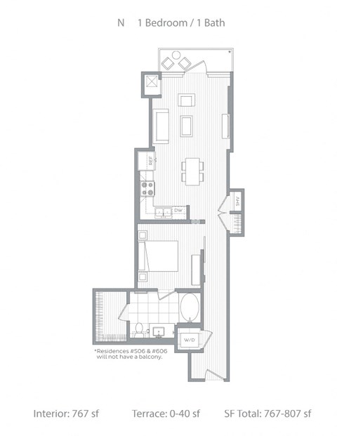 Floor plan for 1 bed, 1 bath, 801 sqft